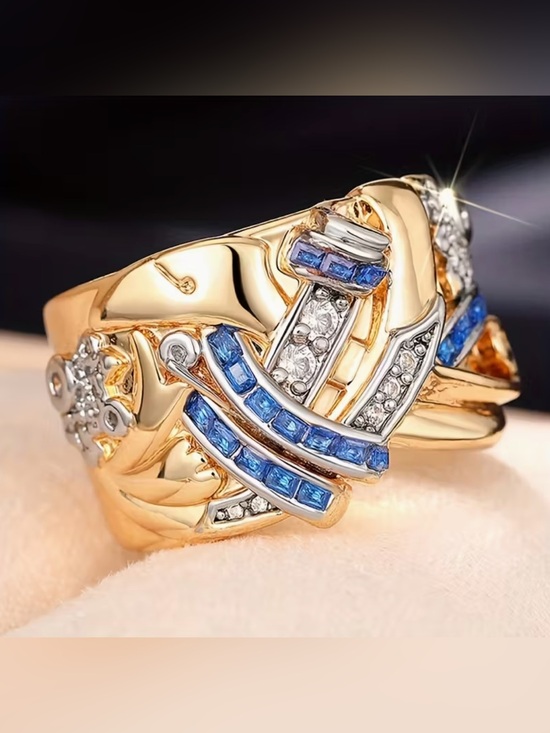 Zara Jewelry - Elegant Gold Tone Blue & White Stone Statement Ring,